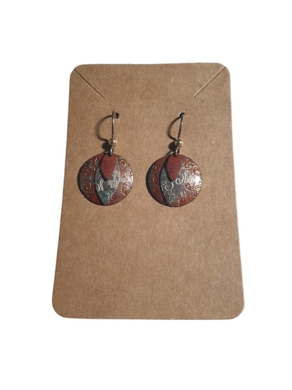 Handcrafted Drop Earring Mixed Metal Layered Engraved Red Gold Rustic Boho Style - Picture 2 of 4